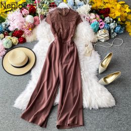 Vestidos NEPLOE Patchwork Jumpsuits Women Chic o Neck manga corta Damas Playsuits Elegante cintura delgada Bodysuit de la playa de pierna 1D800