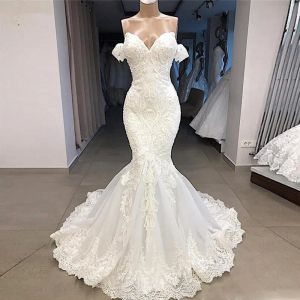 Robes Nouvelles arrivées Real Image Robe de mariée 2020 sirène chérie au large des perles appliquées en dentelle appliquée