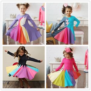 Jurken Nieuwe Baby Meisje Mode Regenboog Prinses Jurk Meisjes Lente Herfst Lange Mouw Katoen Cartoon Eenhoorn Jurk Kinderen Banket Kleding