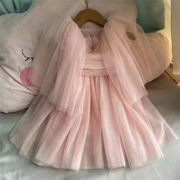 Robes Nouveau-né bébé filles robe de mariée pour enfants anniversaire robe 34 ans manches flottantes perle bouton robe de fête Blush Costume