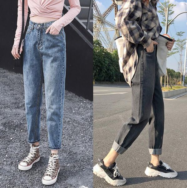 Vestidos nuevos jeans heterosexuales de algodón la elasticidad de la cintura alta jeans mujer talla de talla de talla de talla planta jeans negros hábito suelto venta de longitud de tobillo