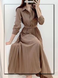 Vestidos novo design japão estilo feminino chique coreia básico wear casual robe sólido mistura de algodão vintage longo maxi camisa vestido cinto vestidos