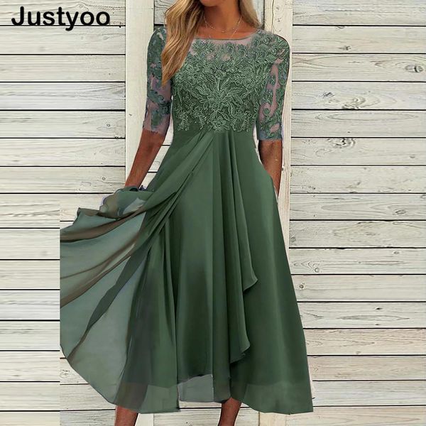 Vestidos Nuevos elegantes vestidos de fiesta verde Mujeres o cuello encaje de media manga vestidos de fiesta para mujeres sólido aline vestido boho sexy vestido largo