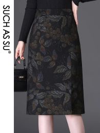 Jurken Nieuwe Herfst Winter Zwarte Print Vrouwen 2021 Dames Rok Hoge Taille Kokerrok S3xl Midlength Slit Bezetting Rok Vrouwelijke