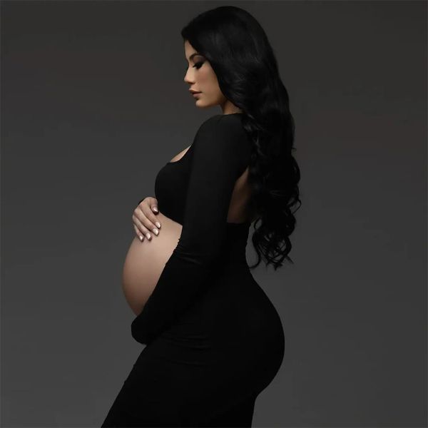 Vestidos Nuevos vestidos de maternidad para sesión de fotos Vestido largo negro de manga larga sin espalda para embarazo Fotografía de fiesta de boda Ropa para embarazadas