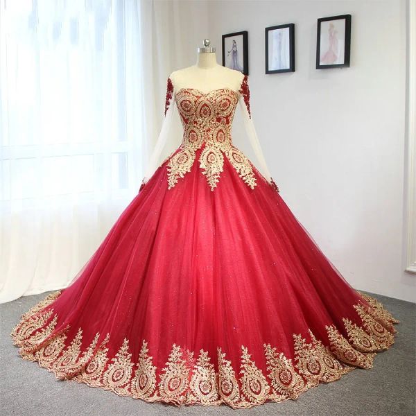 Robes nouvelles robes de mariée de robe de bal rouge et or avec manches longues corset non blanc coloré robes de mariée arabe robe formelle personnalisée folle