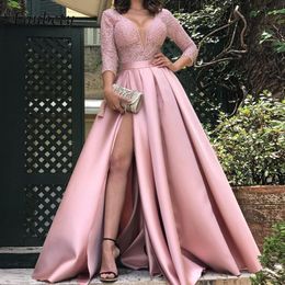 Kleider Neues sexy tiefes V-Langarm-Partykleid, modisches Mesh-Patchwork-Hochzeitskleid, elegantes Damen-Satin-Taillenkleid mit großem Saum und hohem Schlitz