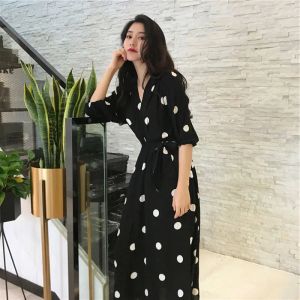 Vestidos Nuevo estilo Falda larga Bohemio Mujer Retro Delgado y elegante Estilo francés retro Hepburn Falda larga de lunares negros Estilo coreano