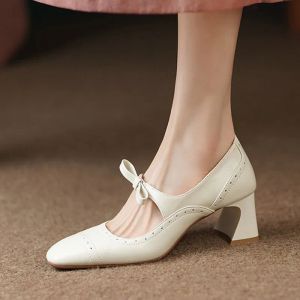 Robes Nouvelles chaussures de mariage pour femmes Bow Mary Jane chaussures talons hauts escarpins rétro chaussures habillées Vintage gaufrage Zapatos Mujer automne 1337N