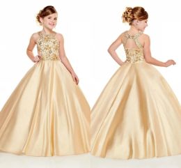 Vestidos más nuevos 2020 Girls Pageant Dresses Halter Neck A Line Gold Beads Crystals Top Long Long Kids Gowns Formal Prom Gowns Flower Girl