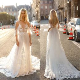 Robes les plus récentes gali karten une ligne robes de mariée spaghetti appliques en dentelle illusion sexy sans dos robe de mariée boho