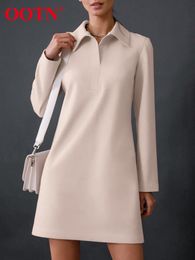 Robes Oo Casual Bureau Mini Robe Aline Revers Élégant Lâche Plaine Automne Robe Dame Kaki Manches Longues 2022 Chic Robes pour Femmes Doux