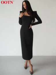 Jurken oo elegante zwarte bodycon jurk rek vierkante nek lange mouw feestjurken vrouwen lente split Midcalf solide sexy jurk 2022