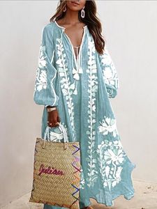 Jurken Oversized Print Lange Dames Boho Maxi Vrouwelijke V-hals Lantaarnmouwen Dames Casual Losse Vintage Vakantiejurk 230420