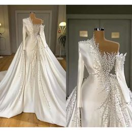 Robes Overskirt manches à manches longues sirène avec robe nuptiale une épaule sur mesure perles perles cristaux plies vestido de novia plus taille