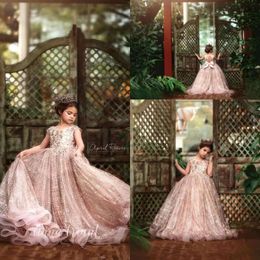 Jurken Pageant Little Girls Princess D Floral Appliqued Beads Jewel Neck Lace Flower Girl -jurk voor trouwfeestjurken BC