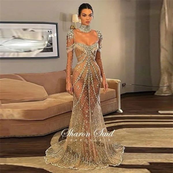 Robes de fête robes Kendall Jenner Long sirène célébrité des robes de bal de promotion de luxe en cristal robe sexy fille noire de la fête de graduation