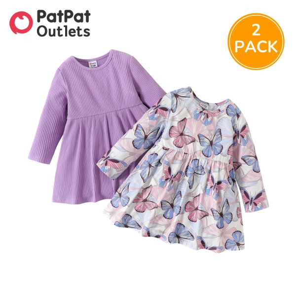 Robes Patpat 2pack robes nouveau-né bébé fille vêtements nouveau-né bébés enfants robe de fête d'anniversaire papillon imprimé tricot à manches longues ensemble