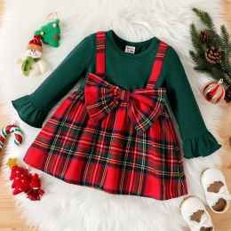 Robes patpat bébé fille solide longsleeve épissé rouge à plaid robe avant parfaite pour les sorties et les vêtements quotidiens de base Noël