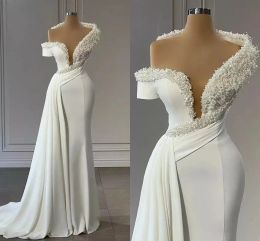 Jurken parels kralende zeemeermin trouwjurken elegant wit satijn één schouder peplum boho eenvoudige bruidsjurken rustieke tweede receptie ro