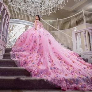 Robes Rose Floral Cristal Paillettes Robe De Bal Quinceanera Robes Chérie 3D Fleurs Volants Corset Doux 15 Robes De Anos