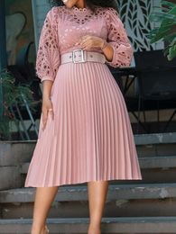 Jurken Roze Midi-jurk Elegant Uitgesneden Kant Slanke Feestjurken voor Vrouwen 2022 Zomer Chic Lantaarnmouwen Afrikaanse Jurk Club outfits