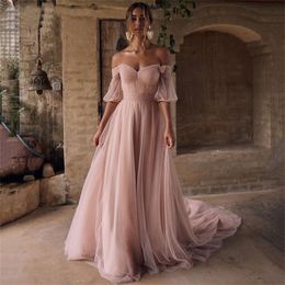 Jurken roze prom boho strand avondjurk uit schouder vintage goedkope feestjurken met korte mouw plus size vestidos