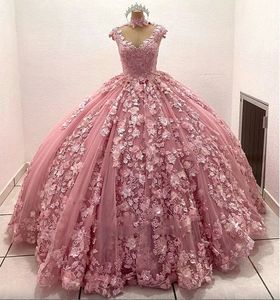 Robes Pink Quinceanera Ball Robe Cap Sleeve Appliques D Flora Evening Prom Party Robes S