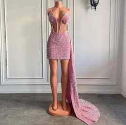 Robes rose courte Robe De bal 2023 gaine scintillante col en v velours paillettes femmes anniversaire Gala robes De soirée Robe De soirée personnalisée