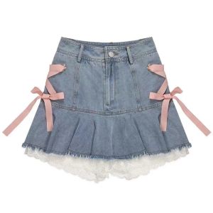 Jurken Roze Strappy Denim Rokken Vrouwen 2022 Zomer Elegante Sexy Hot Girl Wit Kant Ing Minirok Ins Casual Zoete Aline rok