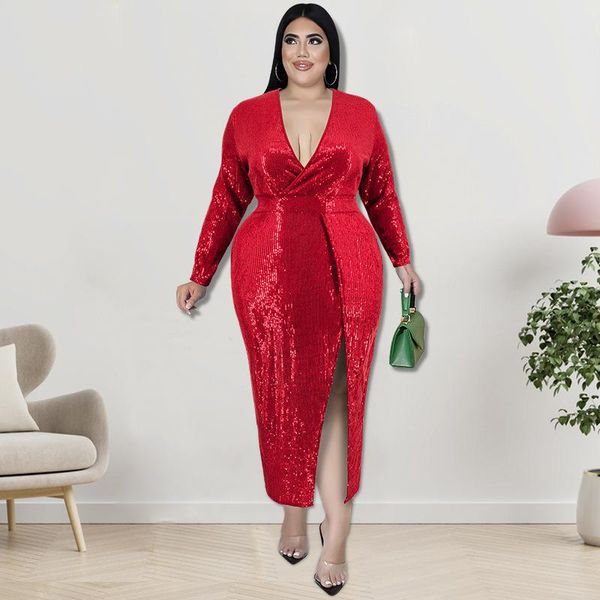 Robes de grande taille Femmes élégantes Robe à paillettes Robe de soirée fendue 2022 Automne Lady Casual Designer Robe de soirée Femme Luxe Tissu en gros