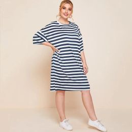 Jurken plus size losse zomer elegante tuniekjurk vrouwen laten schouder halve mouw oversized casual t -shirt jurk midi gestreepte tee jurk