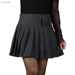 Jurken Plus Size Rok met Strik Herfst Mode Vrouwen Rits Gesloten Mini Korte Geplooide Wol Falda Vrouwelijke Zwart Grijs Winter Rokken