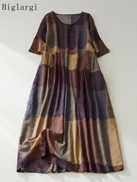 Robes plus taille d'été robe longue Femme Loose Plaid Coton Linage Dames Robes Robes de mode décontractée Robe 2023