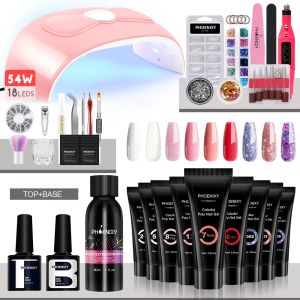 Vestidos Juego de gel de uñas Poly con 54 W Selader de lámpara LED UV, todo para extensión de uñas, taladro eléctrico de clavos, kit de manicura de barniz de construcción rápida