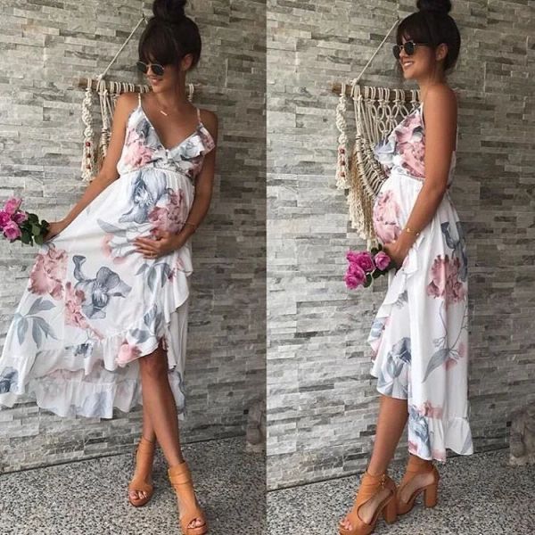 Vestidos Embarazadas Verano Mujeres Ropa de maternidad Vestidos Tallas grandes Embarazo Floral Sin espalda Playa