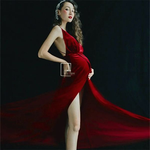 Robes Femmes enceintes Photographie Props Rouge Vneck Jarretelles Dos Nu Robe De Maternité Sexy Élégant Grossesse Split Robe Studio Vêtements