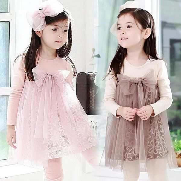 Robes Jolies Filles Robe Automne 100% Coton 3D Fleur Dentelle Tulle Épissage Gros Arc Robes Habillées Fille Enfants Enfants Vêtements Rose/café