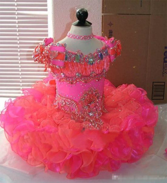 Vestidos Princesa Flower Girl Vestidos Capacina Coral de cristal Y Pink Organza Mini Vestido de pelota corta Vestidos de certamen de niña