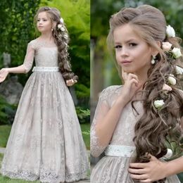 Jurken Princess Girls Tiener Wedding Lace Appliques Ball Jurken Tule lange mouwen bloemenmeisjesjurk voor verkoop