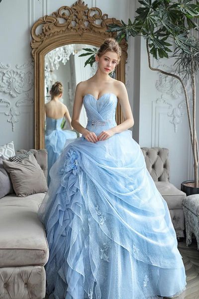 Vestidos Princesa Cielo azul claro Organza Vestidos de quinceañera Volantes Vestidos de fiesta inspirados en Cenicienta Cariño Sin tirantes Longitud del piso A Lin