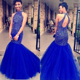 Jurken Prom Royal Mermaid Blue kralen Halter Tule vloer lengte 2020 Mouwloze sexy holle rug op maat gemaakte avondfeestjurken