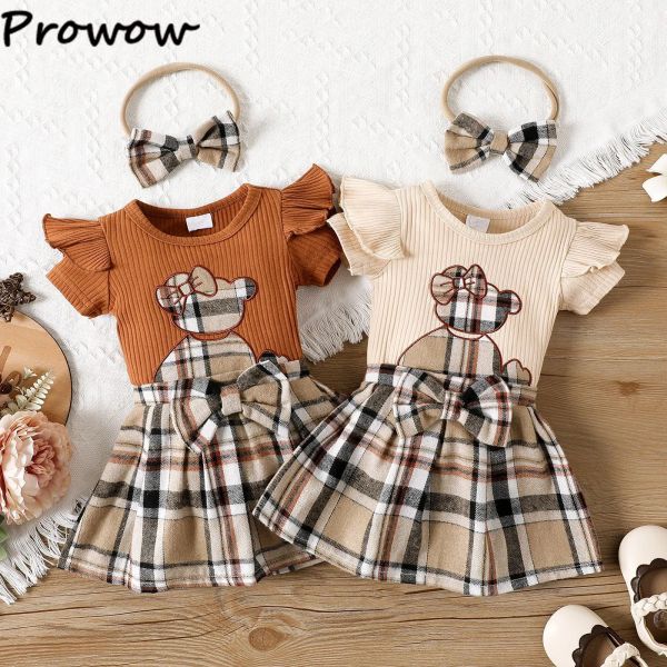 Vestidos Prowow 018M conjunto de traje de niña de verano con bordado de dibujos animados oso bebé mameluco + faldas a cuadros ropa de bebé recién nacido traje de niñas