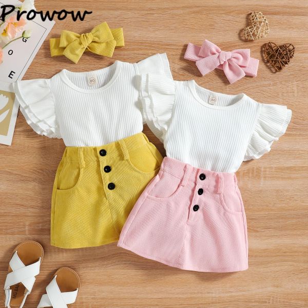 Vestidos Prowow 04Y Ropa para niña recién nacida Vestido Traje Volantes Camisetas blancas + Faldas con botones de pana Conjunto de ropa para niña