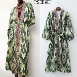 Jurken Pseewe Vrouw Jurk Groene Print Midi Kimono Jurk Vrouwen Zomer 2021 Riem Lange Bladerdeeg Mouw Japanse Stijl Wrap Lange Jurken