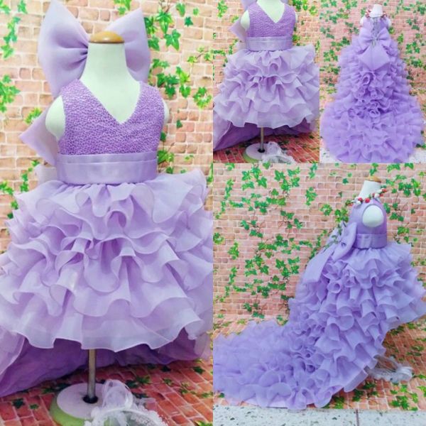 Robes Purple High Flower Girl Robes pour les mariages Ruffles Big Bow Jewel First Communion Robe Kids Formel Wear Girls Pagean