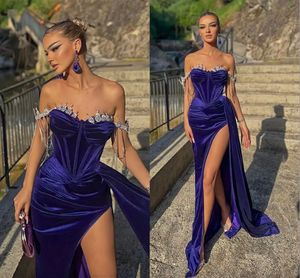 Jurken Purple Prom Nieuwe sexy Split Evening Elegante off -schouderkralen kristallen Lange vrouwen Ocn Party Celebrity jurken