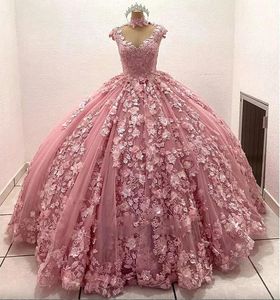 Robes Quinceanera robes robe de bal rose manches cape Appliques 3D flore soirée robes de soirée de bal