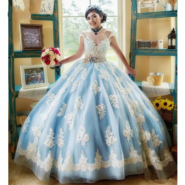 Robes quinceanera robes sweet 16 filles élégant 2021 Applique ruban dentelle de dentelle de fleurs de fleurs