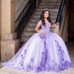 Jurken Quinceanera Floral 3d Lavender Lace Appliques kralen van de schouderbloem Prom Sweet 16 -jurk voor meisjesfeest